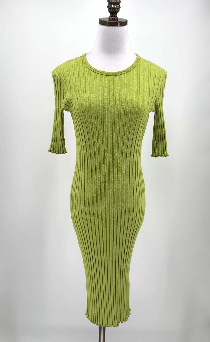 Simon Miller Capo Lime Green Ribbed Knit Short Sleeve Midi Bodycon Dress Sz S